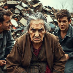 An angry old Jewish mother, with traditional clothing and a stern expression, is in a dump, surrounded by young men who appear flirtatious