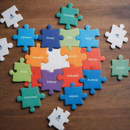 A detailed puzzle with various pieces representing the key services offered by a social media manager, such as content creation, analytics, community engagement, and advertising strategy.