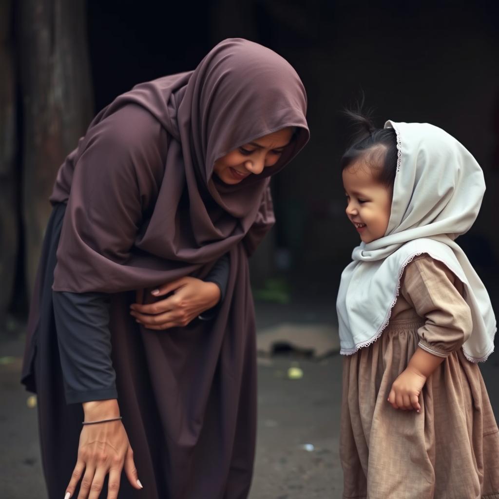 A shy Muslim mother, dressed in traditional attire, is bent over, possibly tending to something on the ground