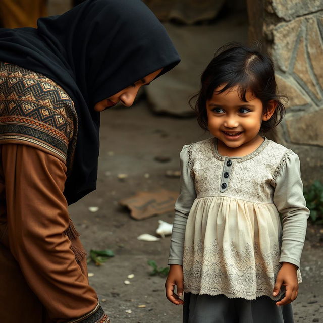 A shy Muslim mother, dressed in traditional attire, is bent over, possibly tending to something on the ground