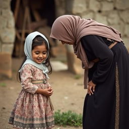 A shy Muslim mother, dressed in traditional attire, is bent over, possibly tending to something on the ground