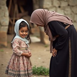 A shy Muslim mother, dressed in traditional attire, is bent over, possibly tending to something on the ground