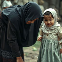 A shy Muslim mother, dressed in traditional attire, is bent over, possibly tending to something on the ground