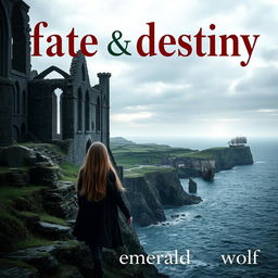 Create a dramatic book cover showing a young girl with long tawny hair standing amidst the ancient, weathered ruins of Whitby Abbey on a high, windswept cliff