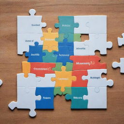 A detailed puzzle with various pieces representing the key services offered by a social media manager, such as content creation, analytics, community engagement, and advertising strategy.