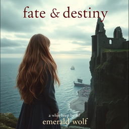 Create a dramatic book cover showing a young girl with long tawny hair standing amidst the ancient, weathered ruins of Whitby Abbey on a high, windswept cliff