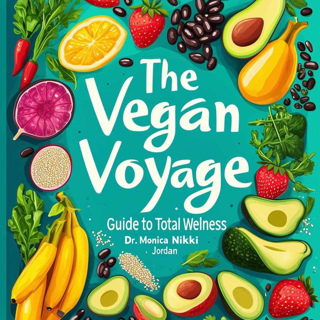 Create a vibrant and inviting printable cookbook cover titled 'The Vegan Voyage: Guide to Total Wellness' by Dr