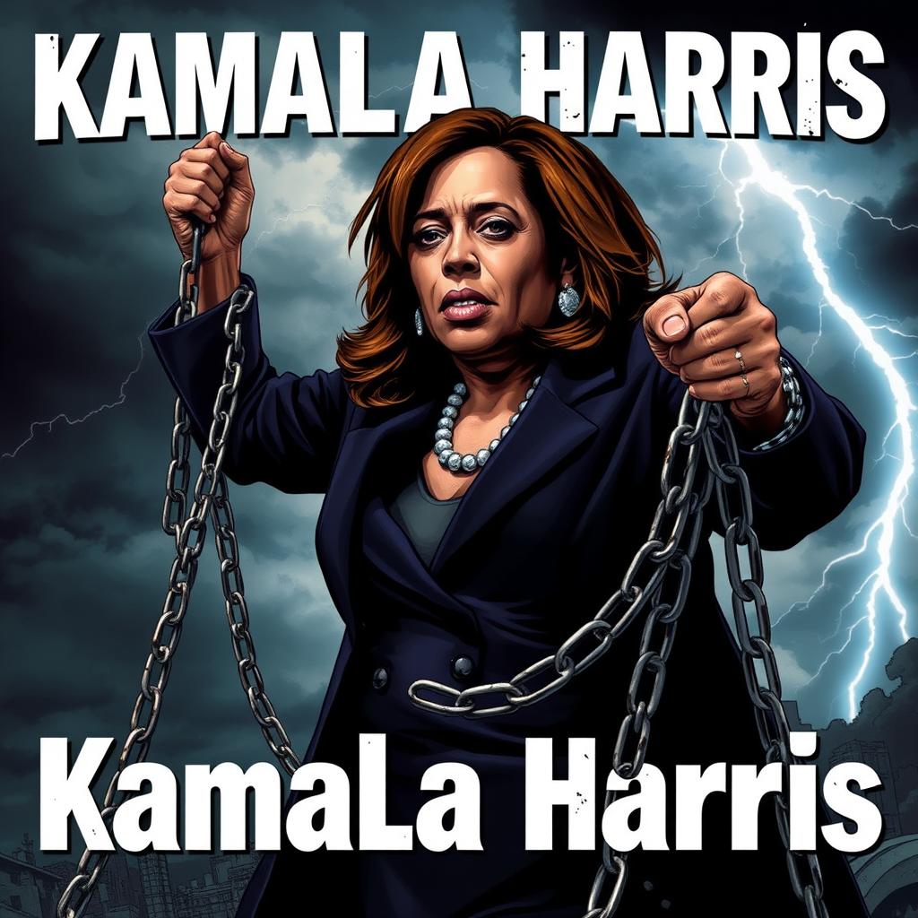 A stylized image of Kamala Harris holding whips and chains, depicted in a dramatic and edgy manner