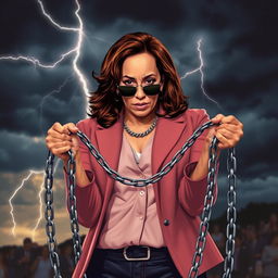 A stylized image of Kamala Harris holding whips and chains, depicted in a dramatic and edgy manner