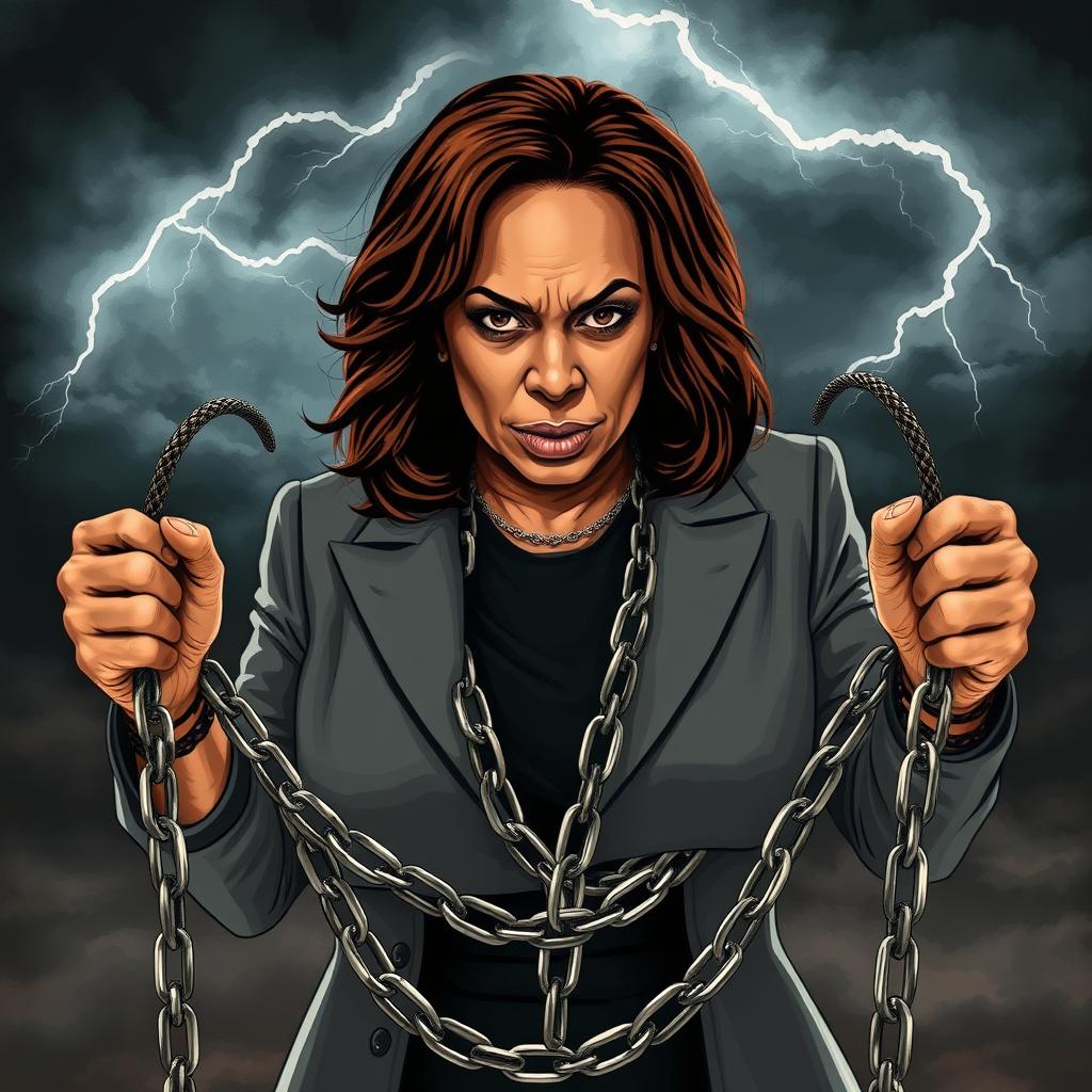 A stylized image of Kamala Harris holding whips and chains, depicted in a dramatic and edgy manner