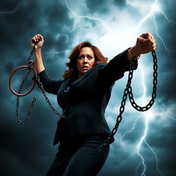 A stylized image of Kamala Harris holding whips and chains, depicted in a dramatic and edgy manner