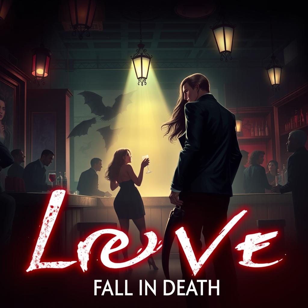 Design a movie poster for an interactive fiction game titled 'Love: Fall in Death