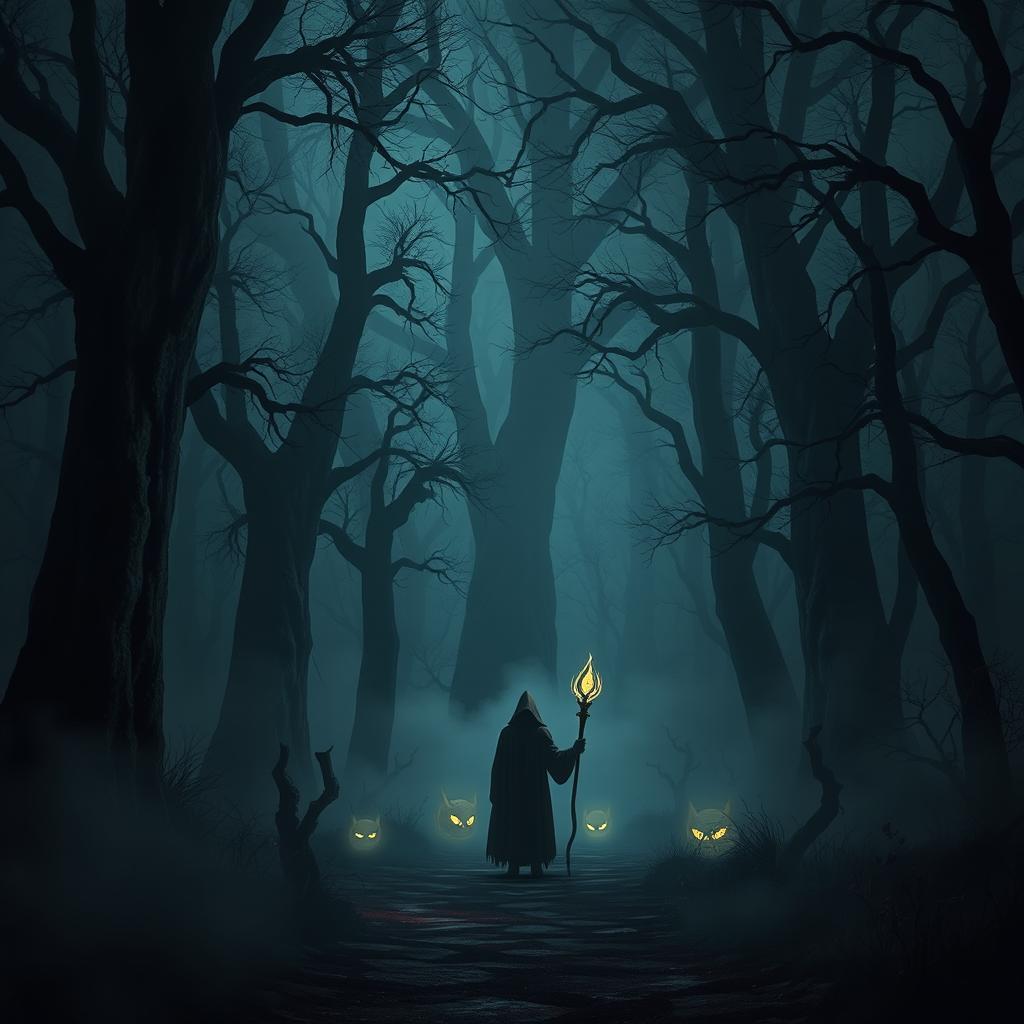 A dark fantasy scene featuring a mysterious, shadowy forest with towering ancient trees