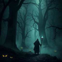 A dark fantasy scene featuring a mysterious, shadowy forest with towering ancient trees