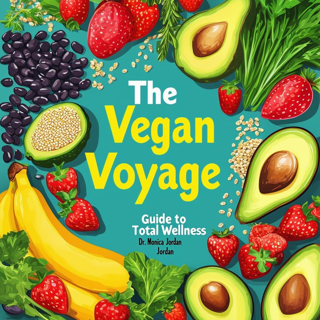 Create a vibrant and inviting printable book cover titled 'The Vegan Voyage: Guide to Total Wellness' by Dr