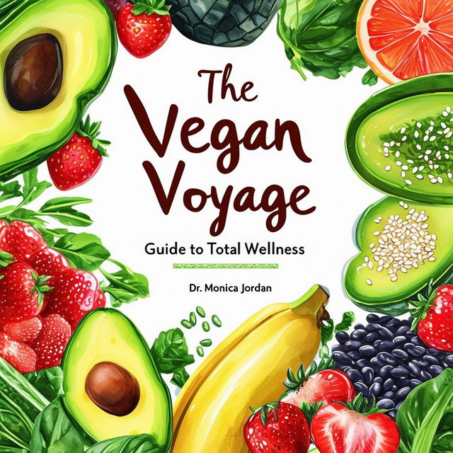 Create a vibrant and inviting printable book cover titled 'The Vegan Voyage: Guide to Total Wellness' by Dr