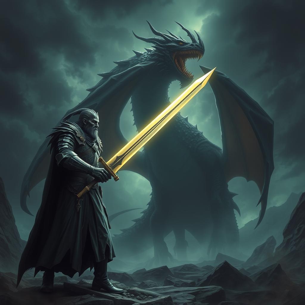 A dark fantasy scene featuring a valiant knight wielding a gleaming sword, standing in front of a menacing dragon