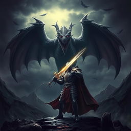 A dark fantasy scene featuring a valiant knight wielding a gleaming sword, standing in front of a menacing dragon