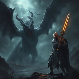 A dark fantasy scene featuring a valiant knight wielding a gleaming sword, standing in front of a menacing dragon