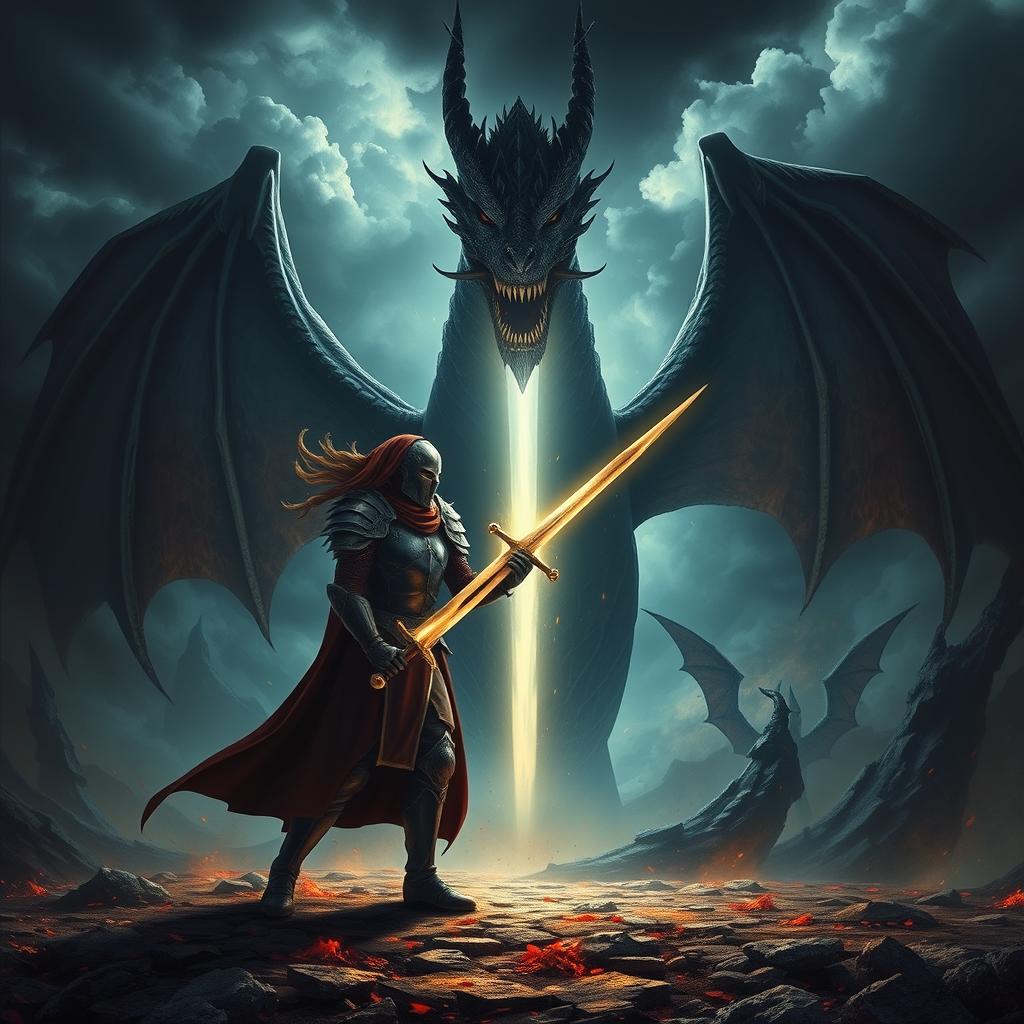 A dark fantasy scene featuring a valiant knight wielding a gleaming sword, standing in front of a menacing dragon