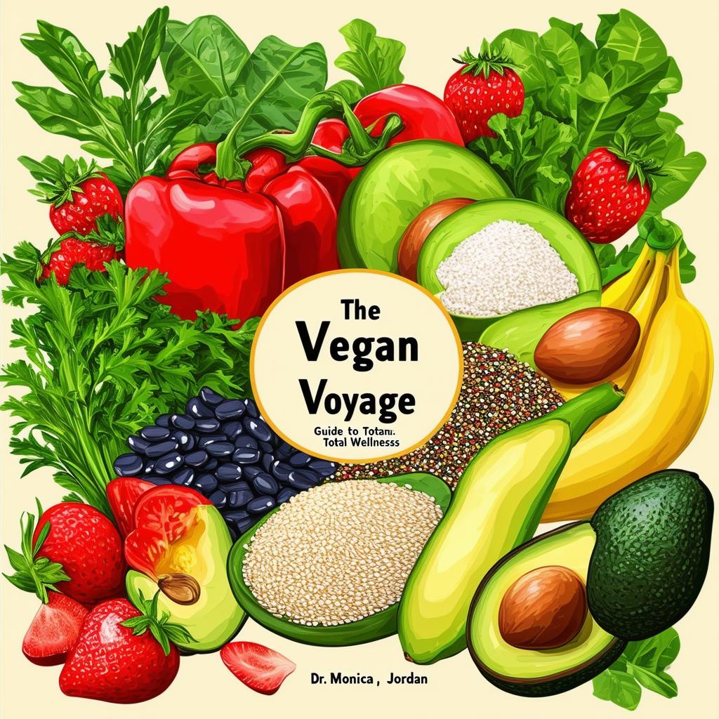 Create a vibrant and inviting printable book cover titled 'The Vegan Voyage: Guide to Total Wellness' by Dr