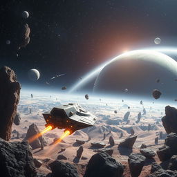 A captivating space exploration scene featuring a futuristic spaceship navigating through a field of asteroids, with distant stars and planets in the background