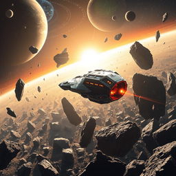 A captivating space exploration scene featuring a futuristic spaceship navigating through a field of asteroids, with distant stars and planets in the background