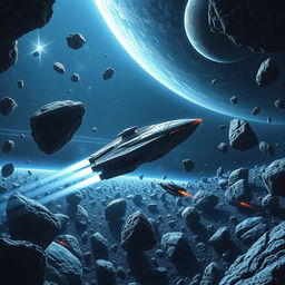 A captivating space exploration scene featuring a futuristic spaceship navigating through a field of asteroids, with distant stars and planets in the background