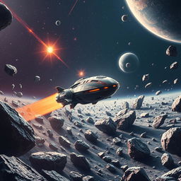 A captivating space exploration scene featuring a futuristic spaceship navigating through a field of asteroids, with distant stars and planets in the background