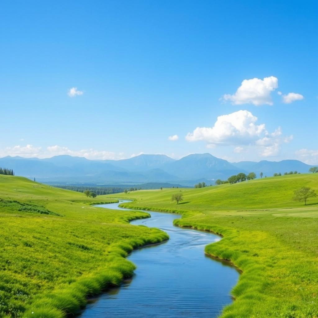 Create an image of a serene landscape with a clear blue sky, lush green meadows, and a calm river flowing through the scene