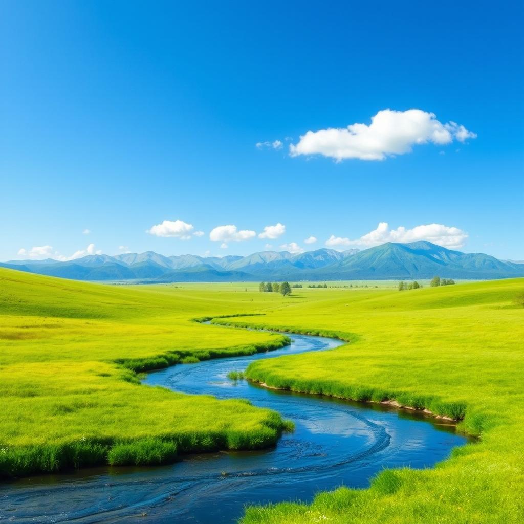 Create an image of a serene landscape with a clear blue sky, lush green meadows, and a calm river flowing through the scene