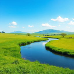 Create an image of a serene landscape with a clear blue sky, lush green meadows, and a calm river flowing through the scene