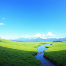 Create an image of a serene landscape with a clear blue sky, lush green meadows, and a calm river flowing through the scene