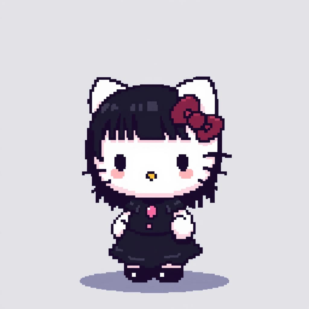 Pixel art depicting Hello Kitty with dark medium-length hair, wearing a goth black dress