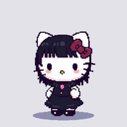 Pixel art depicting Hello Kitty with dark medium-length hair, wearing a goth black dress