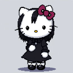 Pixel art depicting Hello Kitty with dark medium-length hair, wearing a goth black dress