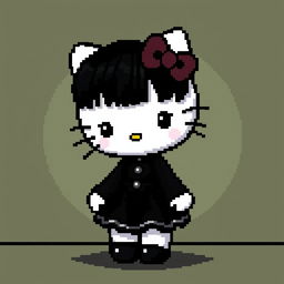 Pixel art depicting Hello Kitty with dark medium-length hair, wearing a goth black dress