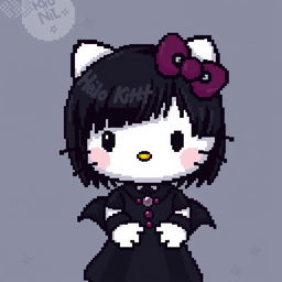 Pixel art depicting Hello Kitty with dark medium-length hair, wearing a goth black dress