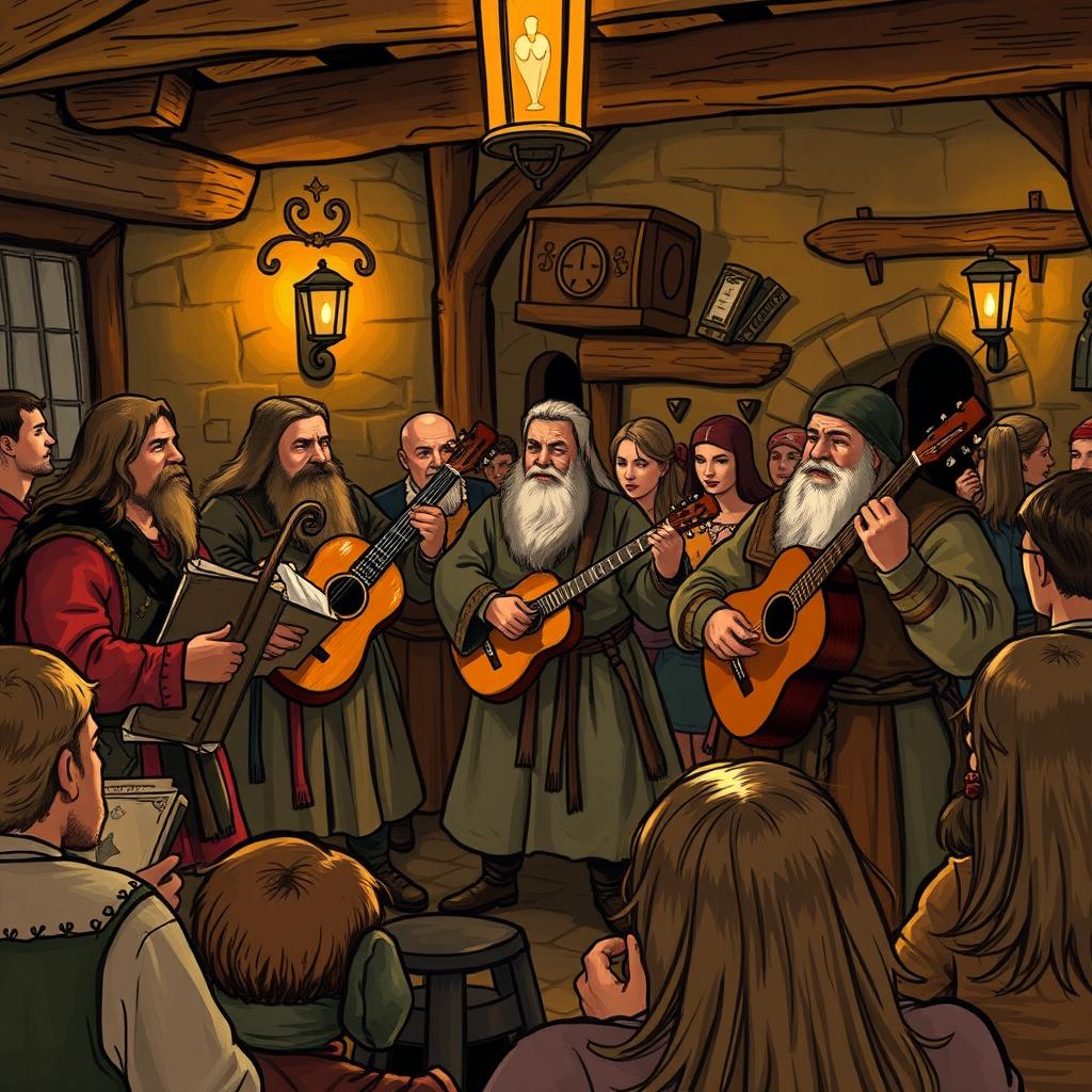 A group of bards playing musical instruments in a medieval tavern