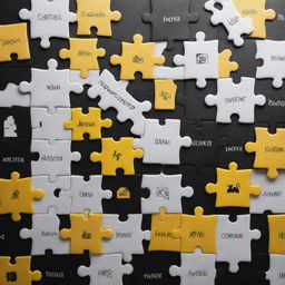 An intricate monochromatic puzzle in black, white, and pops of yellow, each piece portraying the distinct services offered by a social media manager such as content creation, analytics, community engagement, and marketing strategy.