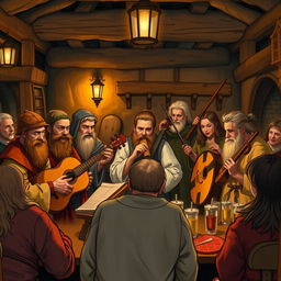 A group of bards playing musical instruments in a medieval tavern