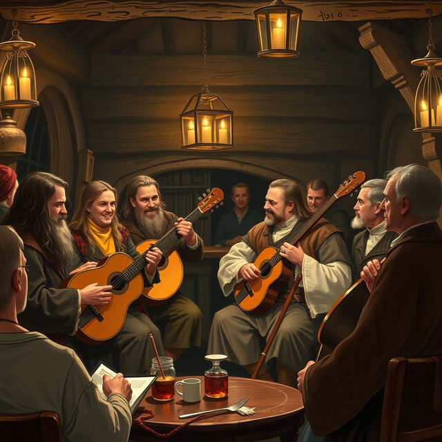 A group of bards playing musical instruments in a medieval tavern