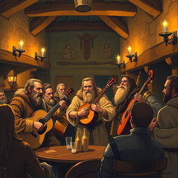 A group of bards playing musical instruments in a medieval tavern