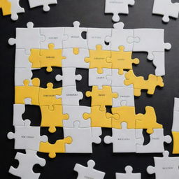 An intricate monochromatic puzzle in black, white, and pops of yellow, each piece portraying the distinct services offered by a social media manager such as content creation, analytics, community engagement, and marketing strategy.