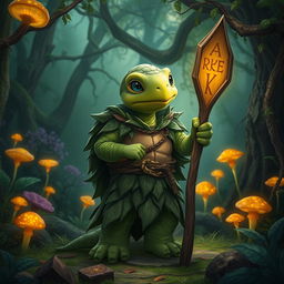 A young turtle druid standing in a magical forest