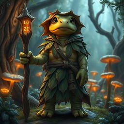 A young turtle druid standing in a magical forest