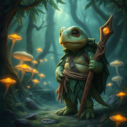 A young turtle druid standing in a magical forest