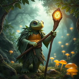 A young turtle druid standing in a magical forest