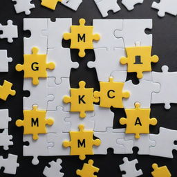 An intricate monochromatic puzzle in black, white, and pops of yellow, each piece portraying the distinct services offered by a social media manager such as content creation, analytics, community engagement, and marketing strategy.