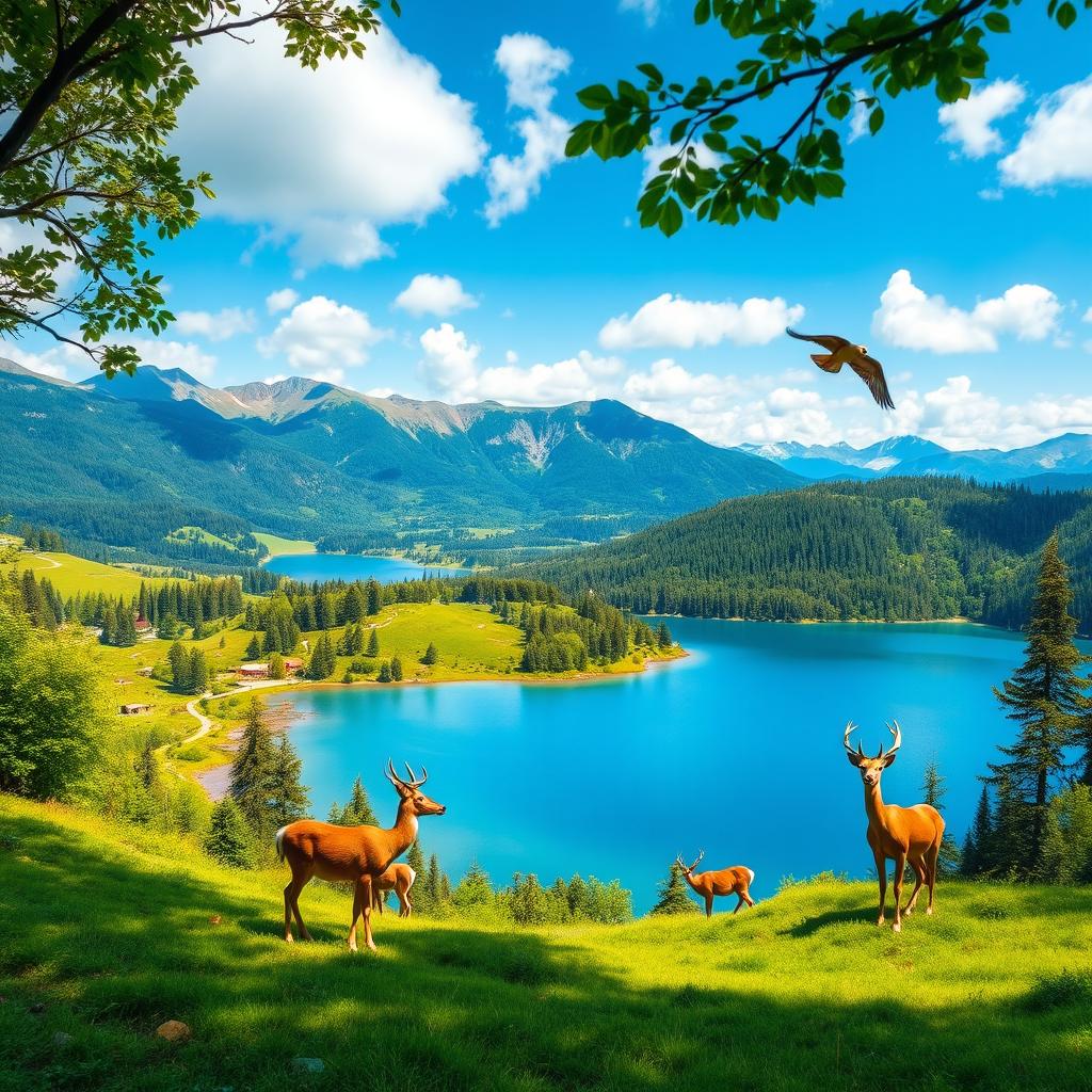 Create an image that is vibrant and full of life, showcasing a beautiful landscape with lush greenery, a serene blue lake, and a clear sky